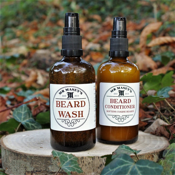 Mr Masey's Duo Kit Beard Wash and Beard Conditioner in autumnal setting
