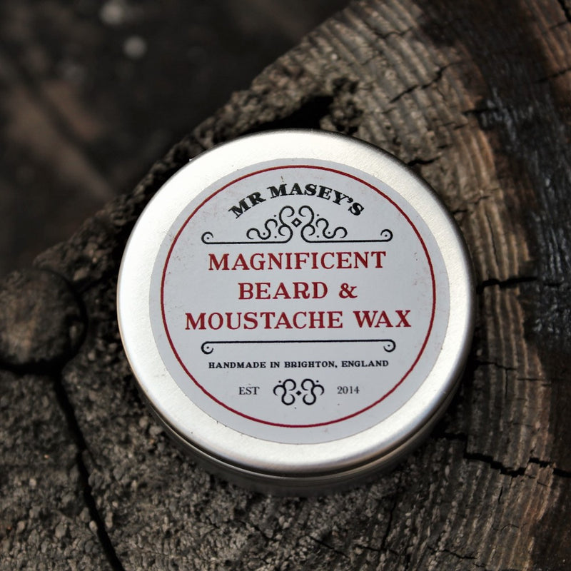 Mr Masey's Moustache Wax tin in autumnal setting